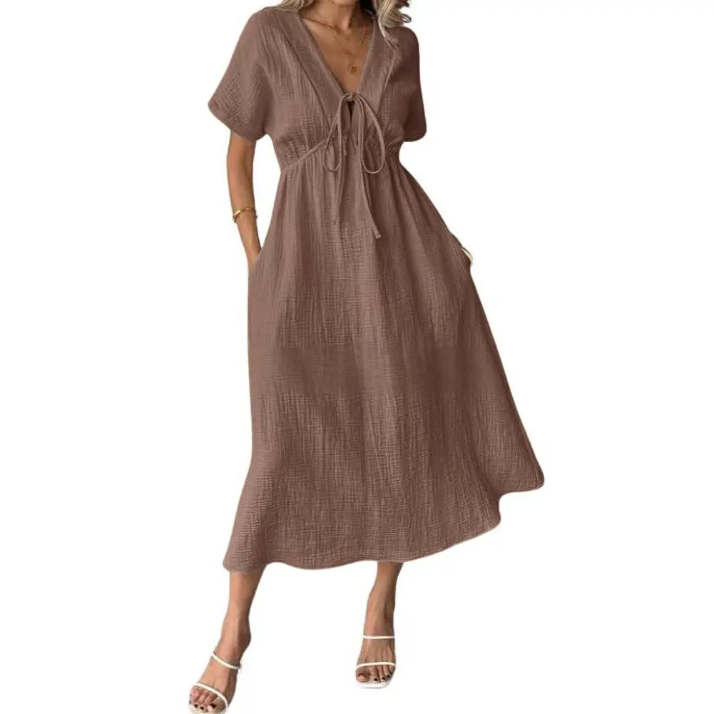 Chouyatou Women's Lightweight Solid Cotton Fabric Dress - V-Neck, Short Sleeve, Adjustable Drawstring, Elegant Bohemian Style, Loose Casual Beach Dress with Pockets, Casual Wear, Shortsleeve, Breathable, Lady
