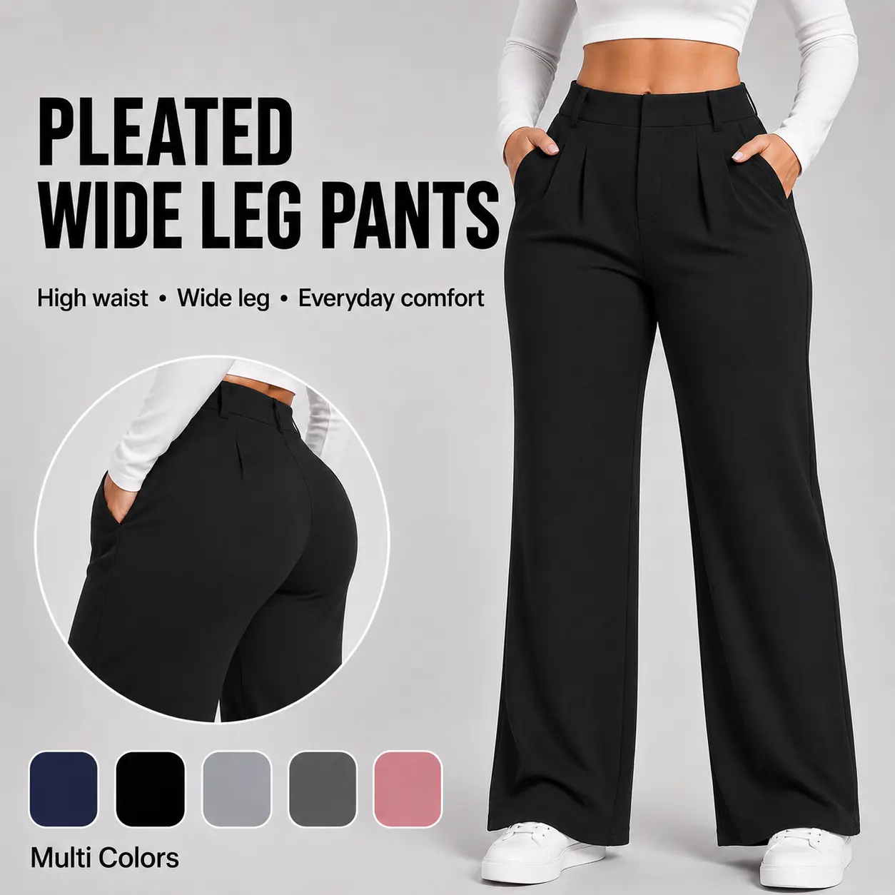 Avamo Women's Waffle Knit Wide Leg Pants - High Waisted, Pleated Pull-On Style with Pockets for Business Casual Work, Bottom, Foldable, Knitting