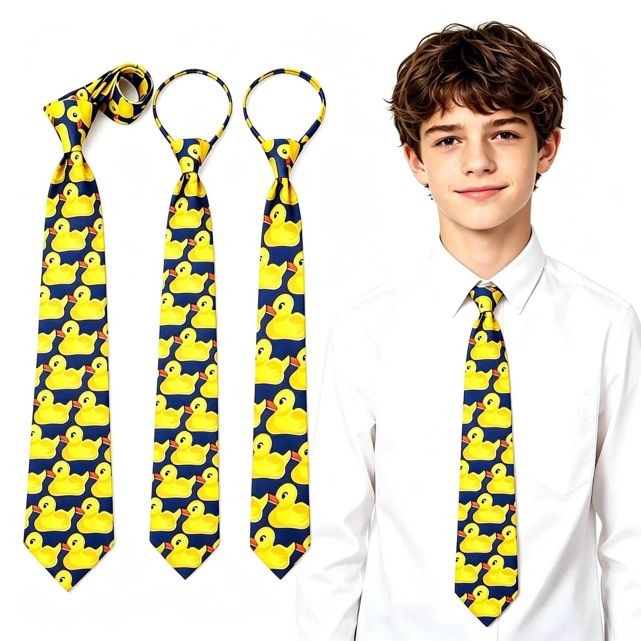 Duck Print Neckties for Men, 4-Pack Funky Polyester Set for Wedding Guest Outfits & Casual Wear, Includes Zipper & Self-Tie Styles, Cartoon, Rubber Duck, Animals, Figure, Dads, Male