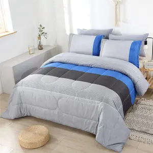 Comforter Set 3 count Bedding Set  Seasons Masculine Striped   Farmhouse Soft Cozy Bedroom for Elegant Men Teen Girls Boys Gray and Blue