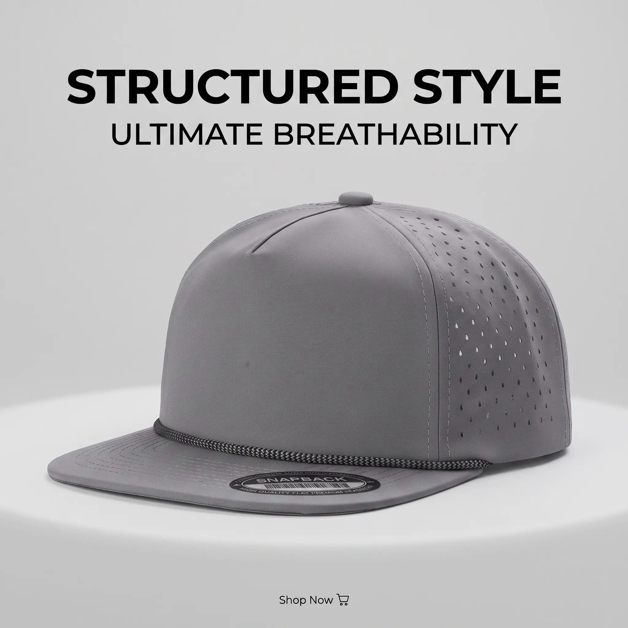 Black Laser Perforated Side Vents Snapback Hat With Decorative Rope Flat Brim Water Resistant Quick Dry Performance Baseball Cap Blank Custom Embroidery Hat For Golf Fishing Outdoor Sports Men Women