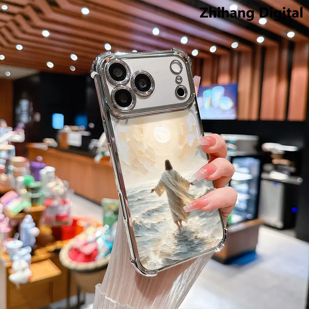 God's Plan Jesus Walking on Water Pattern Premium Four Corner Anti-Fall electroplated case for iPhone 17 Pro Max Air 16 Plus 15 14 13 12 11 Transparent cover, Non-Yellowing, Shockproof Soft silicone cases