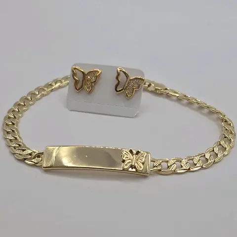 BUTTERFLIES fashion set ID BRACELET Cuban link WITH EARRINGS beautiful clear stone's style GOLD-PLATED 8"inches