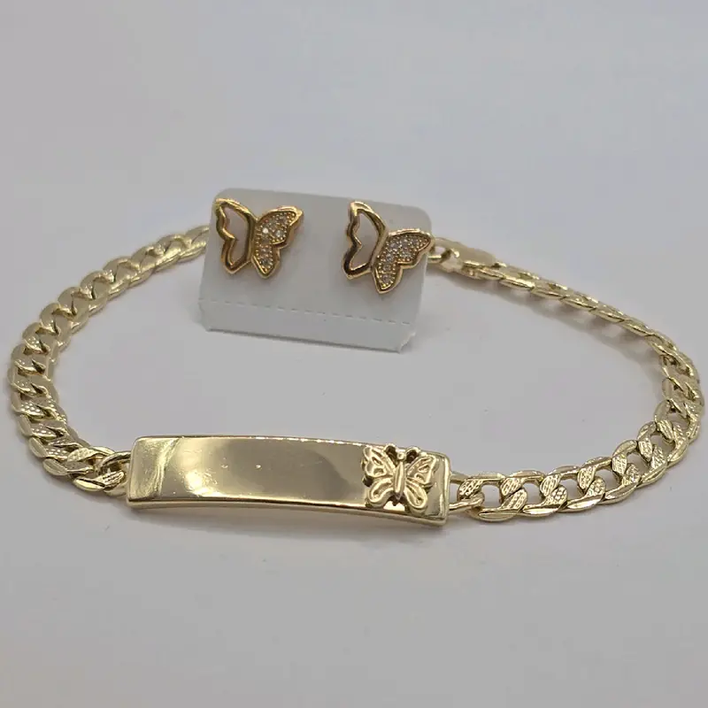 BUTTERFLIES fashion set ID BRACELET Cuban link WITH EARRINGS beautiful clear stone's style GOLD-PLATED 8"inches