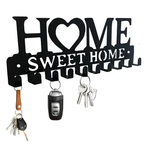 Entryway Wall Key Holder with 10 Hooks, Metal Key Rack Wall Mount for Keys, Bags and Leashes, Decorative Organizer for Entryway, Mudroom or Hallway, Sweet Home Design, 9.8 inches, Black