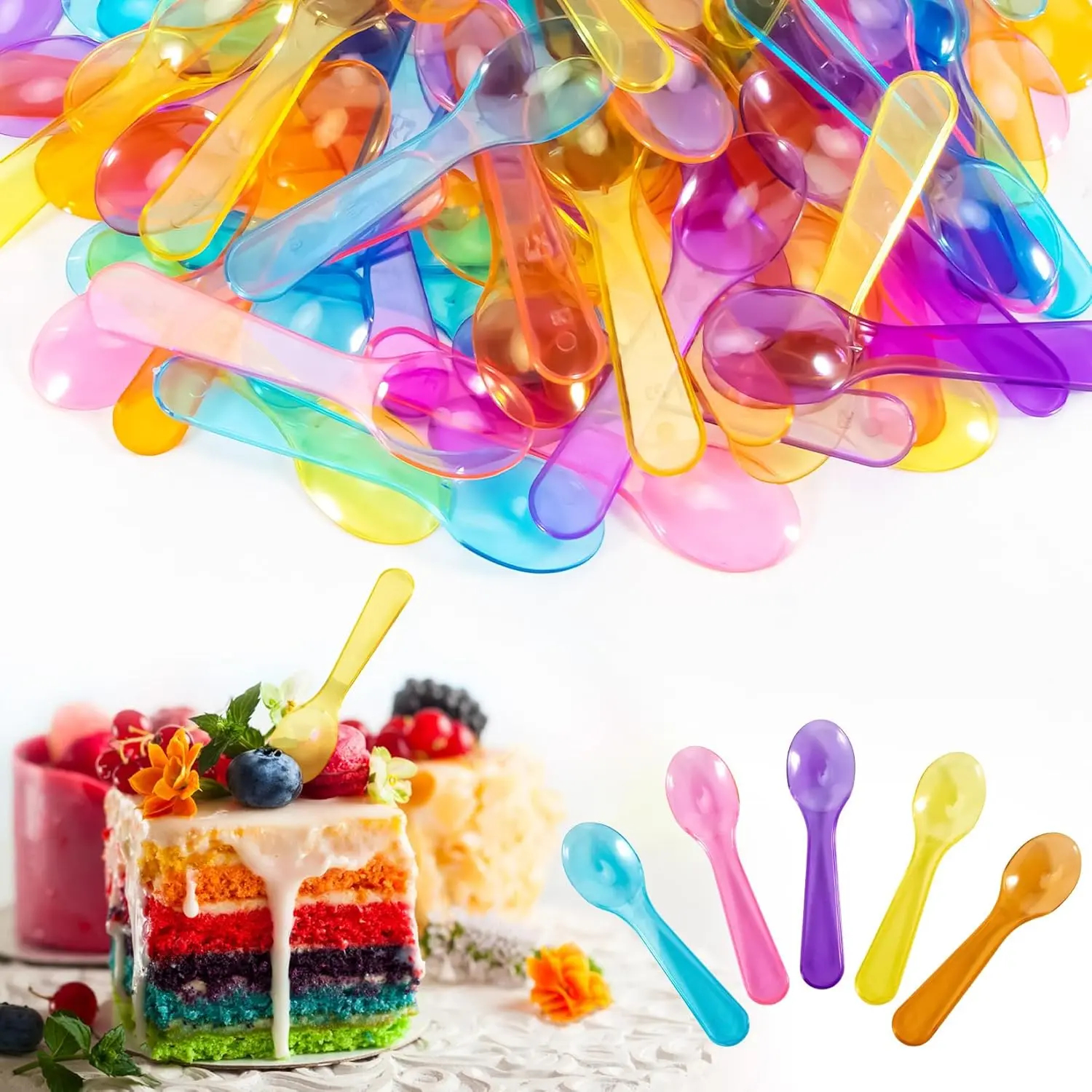 Mini Spoons - 100 count Dessert Spoons Plastic Disposable Cutlery Small Plastic Spoons For Ice Cream Cake Jelly Pie Yogurt Dessert For Party Celebrations Multi-Color