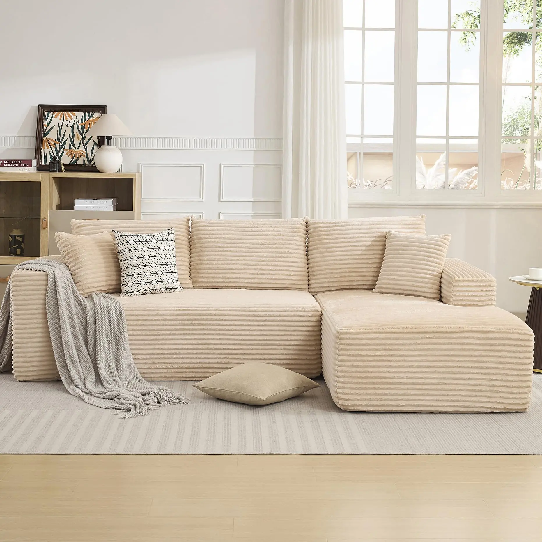 108" Beige Corduroy L-Shaped Cloud Sectional Couch - 2-Seater+Right-Facing Chaise, Extra Deep Seats, No-Assembly Modern Modular Sofa with Removable Covers, Rounded Corners, 5 Throw Pillows, 2-Box Packaging, Kid-Friendly for Living Room Movie Nights, Cloud