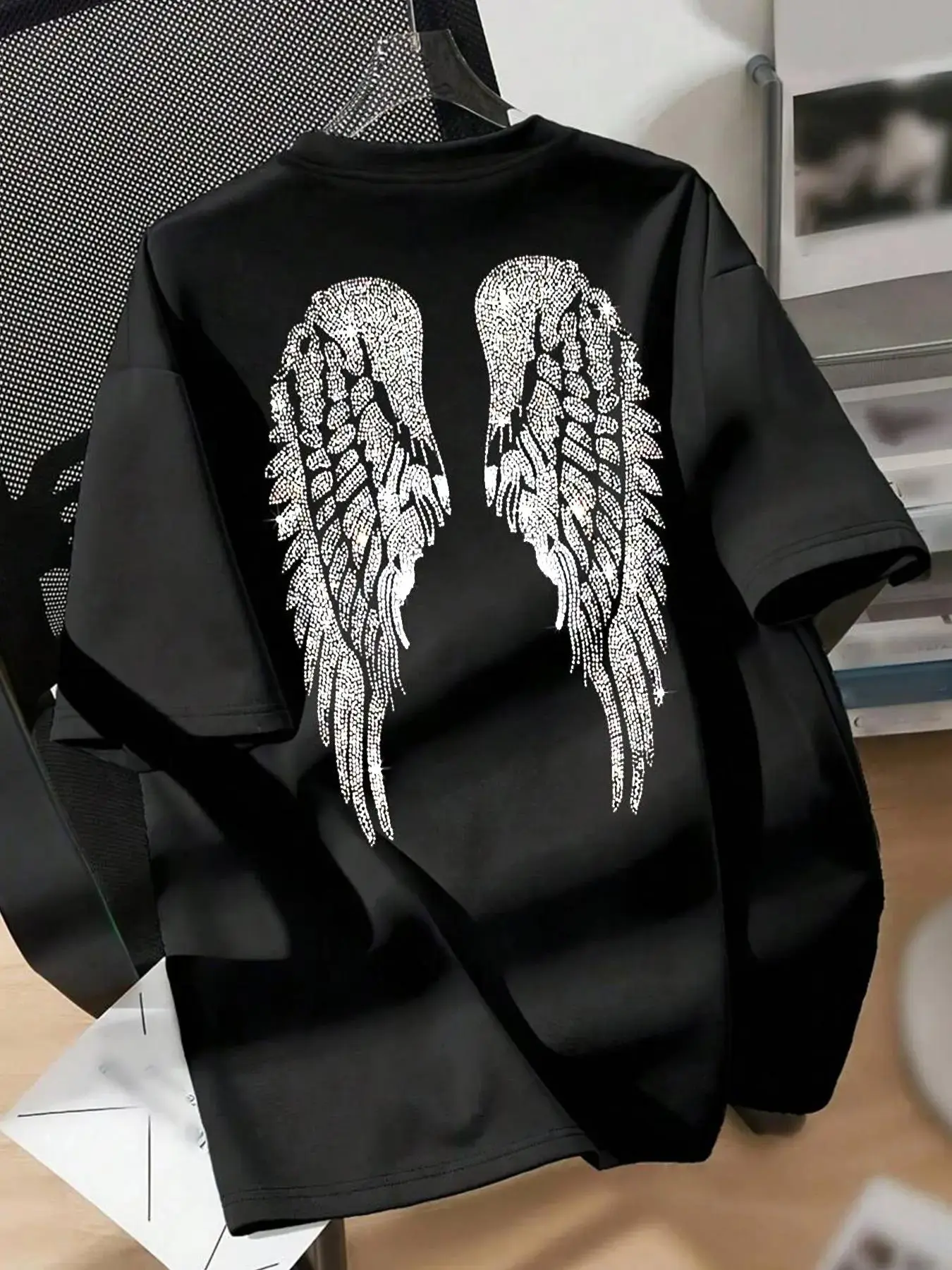 Women's Rhinestone Wing Printed T-shirt, Casual Streetwear Graphic Tee in 100% Cotton, Short Sleeve Crew Neck Unisex Top, Tshirt, Shortsleeve, Women's Clothes, Women's T Shirts, Casual Fit
