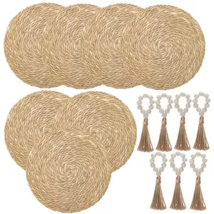 [14pcs] 7 Boho Woven Placemats Set with 7 Wooden Napkin Rings, Heat-Resistant & Slip-Resistant, Farmhouse Style, Natural Ranttan Dinner Place Mats for Dining Table Decor - (Placemats: 13.78 Inch/35Cm)