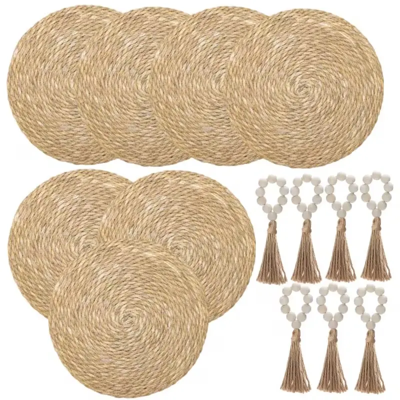 14-Piece Woven Placemat Set, Includes 7 Round Rattan Placemats (13.78 in) and 7 Wooden Napkin Rings, Sturdy Boho Farmhouse Style Dining Table Decor, Heat-Resistant
