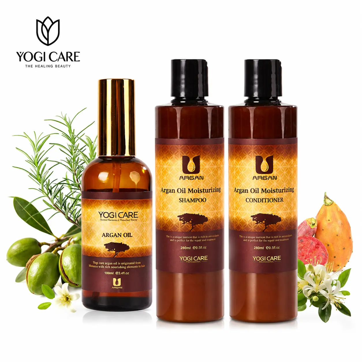 YOGI CARE Ultra Nourishing & Smoothing Hair Care Trio-Shampoo280ml, Conditioner280ml, Hair Elixir100ml  |Frizz Control & Hydration Reduce Frizz & Deep Hydration | Contains plant-derived squalane and Vitamin E. |Vegan, SLS & Paraben-Free