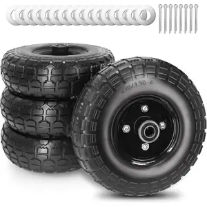 10" 4.10/3.50-4 Flat Free Solid Polyurethane Tire and Wheel with 5/8" Axle Borehole, 2.1" Offset Hub for Wheelbarrow,Hand ,Generators (4Pack Black)