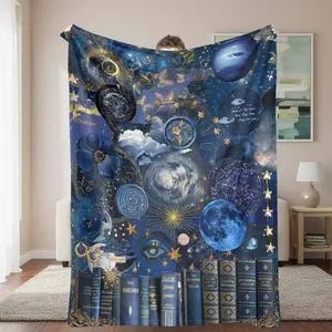 Celestial Galaxy Flannel Throw Blanket - Starry Astronomy & Moon Print, Ultra Soft, Warm, Lightweight Cozy Texture, Ideal for Bedroom Decor, Lounging, Perfect Gift for Dreamers