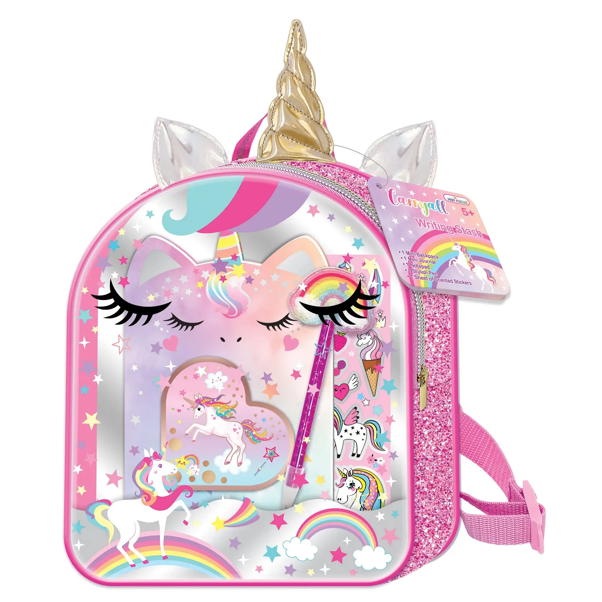 Hot Focus Unicorn Stationery Backpack Set Features a Sparkly, Transparent Front Design