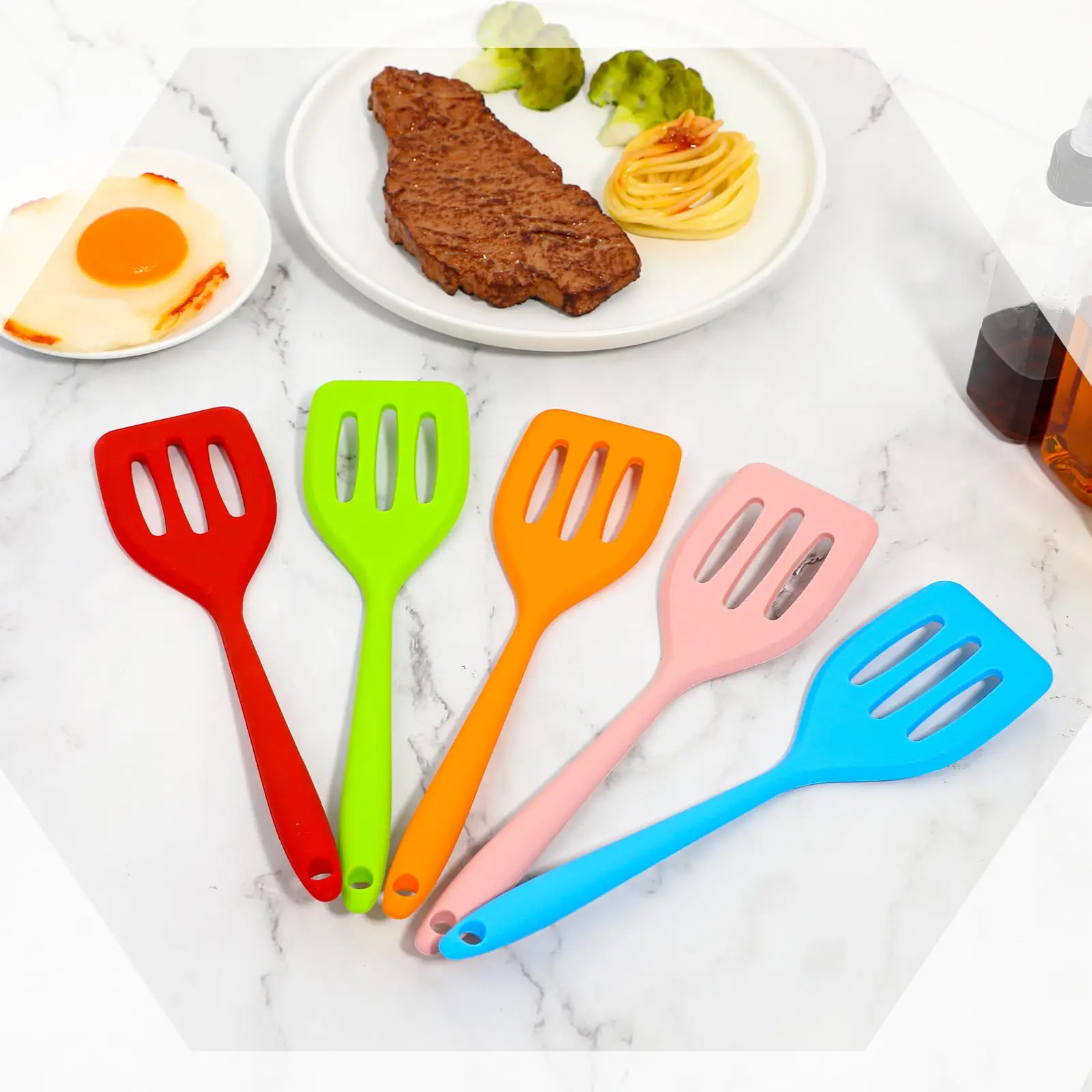 5PCS Small Silicone Serving Spatulas - High Heat Resistant, Flexible, Durable, Nonstick Slotted Spoon/Turner/Flipper (22x5.5cm/8.66x2.17in) for Cooking, Baking, Pancake, Egg - Red, Blue, Green, Orange, Pink Kitchen Utensils, Daily Usage, Easy To Store, He