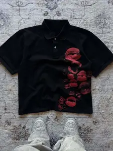 Unisex Multicolor Black & White Options Lip Print Oversized Short Sleeve Polo Shirt | Retro Sexy Casual Streetwear Top