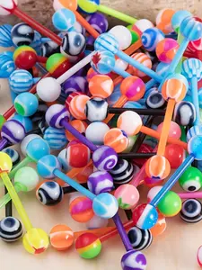 Flexible Tongue Rings Acrylic Multi Color, 10/30/60pcs Tongue Piercing Barbells, Random Colors & Geometric Patterns Round, Body Piercing Jewelry 14 Gauge