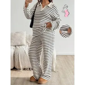 Winter 2pcs Maternity Casual Striped Loose Batwing Long Sleeve Top And Pants Sets