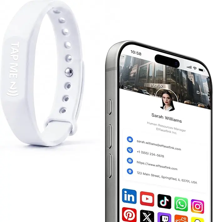 NFC Chip Digital Business Card Bracelet - Silicone, Unisex, 1 Size, Tap-to-Share Function, No Monthly Fee - Office Presentation Supply