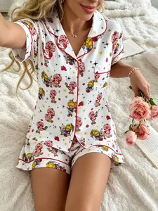 Women's Retro Strawberry Girl Print Pajama Set, Short Sleeve Open Front Two-Piece Lounge Wear, Perfect for Lazy Days and Sleepover Parties