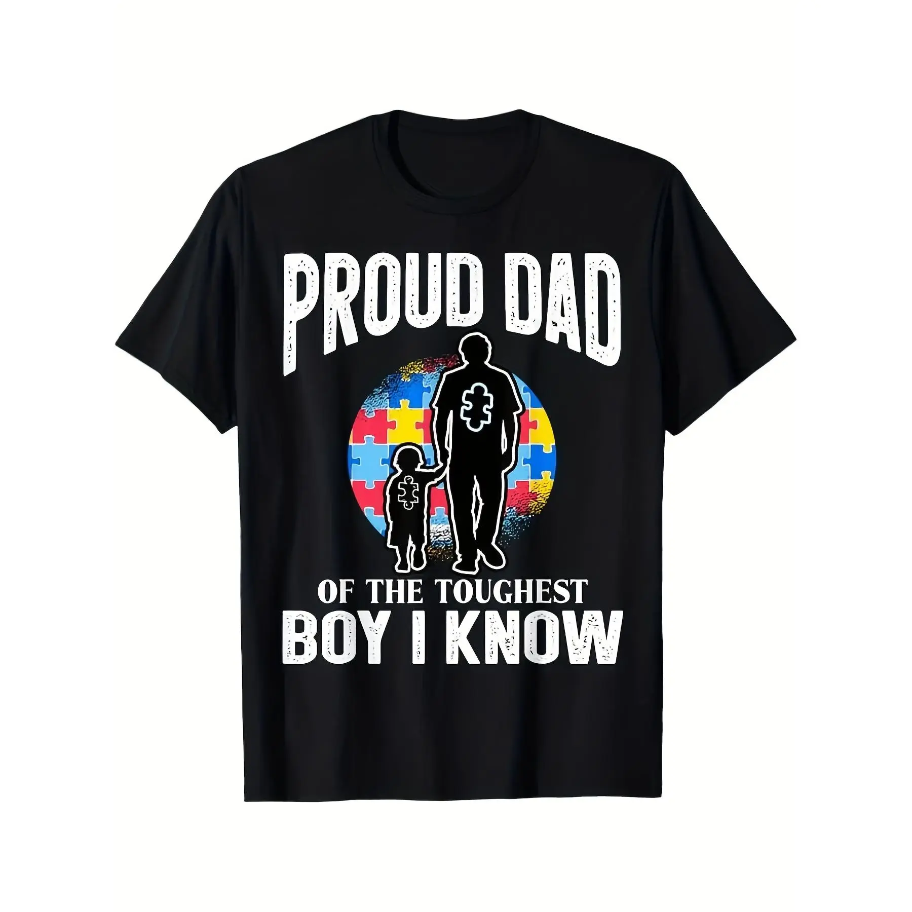 Men's Autism Awareness Graphic Top - Menswear Short Sleeve Round Neck, Proud Dad Puzzle Piece & Father-Son Silhouette Design, Big & Tall Sizes, Streetwear