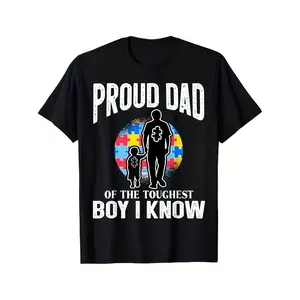 Autism Awareness T-Shirt for Men - Proud Dad Design with Puzzle Piece & Father-Son Silhouette, Comfortable Round Neck Short Sleeve, Big & Tall Sizes, Autism Support Advocacy Apparel, Casual Attire