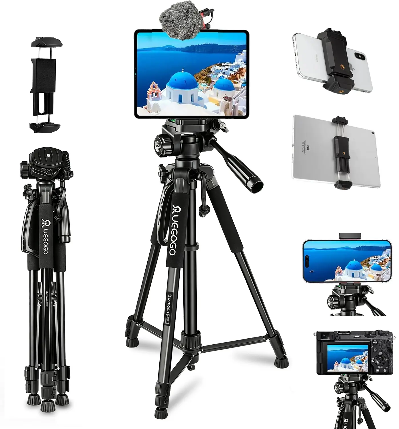 UEGOGO 60-in Extendable Universal Tripod Stand with 2-in-1 Multi-Functional Grip, Silicone Accessories, Lights, Carry Bag - Compatible with Smartphone, Phone, Tablet, Camera - Ideal for Selfies, Live Streaming, Storage