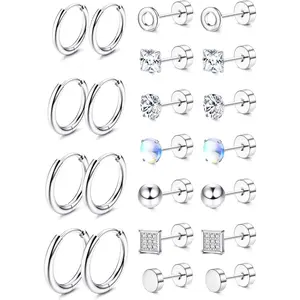 11 Pairs Flat  Earrings for Women Men -  Surgical Stainless Steel Stud Hoop Set Small Cartilage Tragus