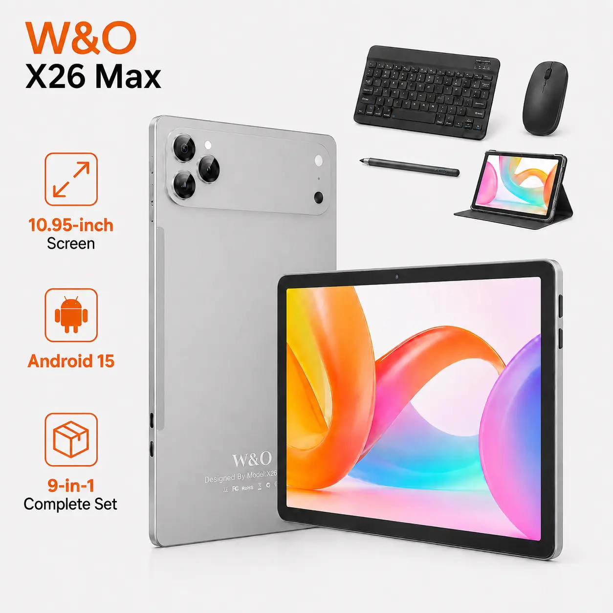 【BackToSchool】W&O X17 Ultra & X26 Max Android 15 Tablets, 10.1/10.95-Inch, 8GB/12GB RAM, 256GB Storage, SIM & microSD Support, Bluetooth Keyboard Mouse Case Stylus Bundle smart gift