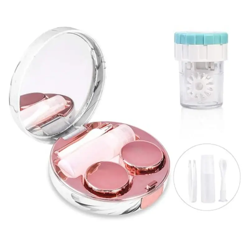 5-in-1 Compact Contact Lens Travel Kit - Beauty & Personal Care Makeup Tool for Lens Cleaning, Portable Leakproof Storage Case with Manual Cleaner, Mirror, Tweezers, Solution Bottle, Plastic, Cleanser, Lens Washer