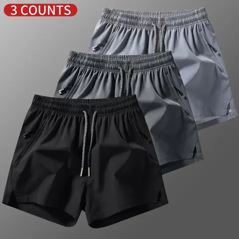 Men's 3-Count Plain Solid Woven Drawstring Shorts - Fitted Chic Preppy, Above-the-Knee, Non-Elastic Waist, Casual Athletic Bottoms, Zipper Pockets, Breathable, Machine Washable, for Athleisure & Beach Wear,sohochic