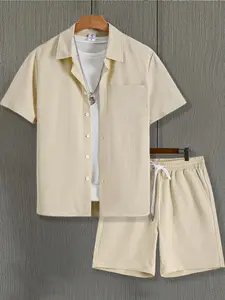 Two-Piece Set Men's Solid Color Short Sleeve Shirt & Drawstring Waist Shorts, Regular Fit Casual Fashion Cozy Breathable Men Two-Piece Outfits for Summer Menswear