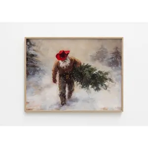 SALE!!! Cowboy Santa with Christmas Tree Painting – Snowy Western Wall Art, Masculine Holiday Print, Christmas Decoration Idea, Rustic Lodge Decor