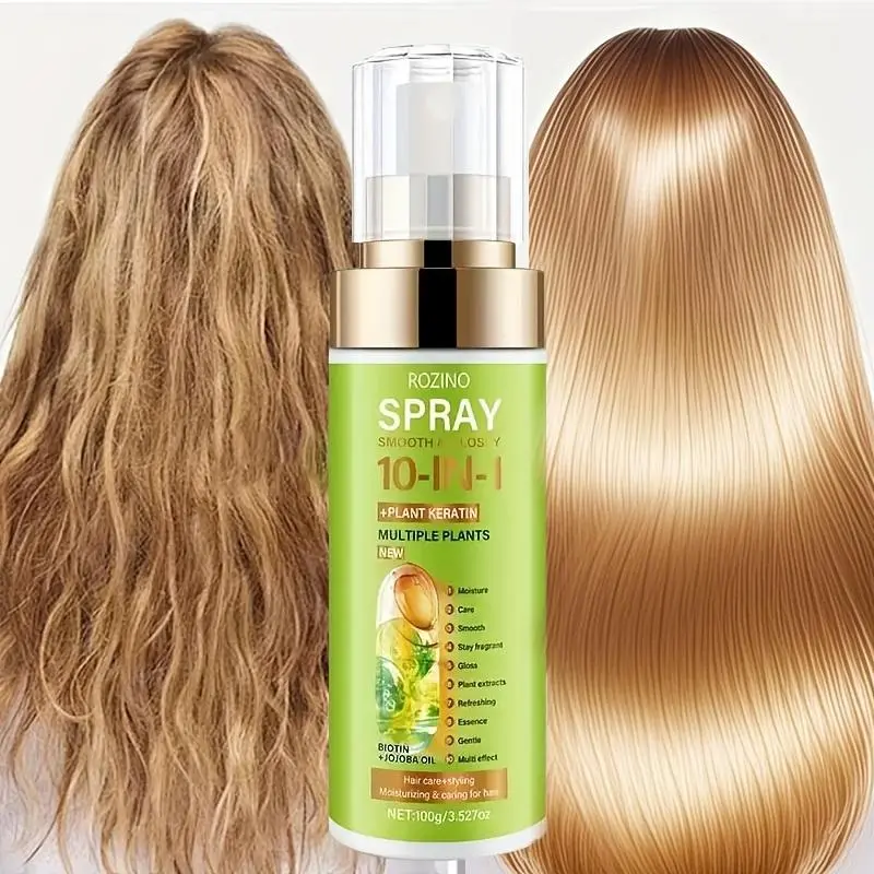 ROZINO 10-in-1 Hydrating Leave-In Hair Spray with Plant Keratin, Jojoba & Coconut Oil - Heat Protectant, Frizz Control, Shine Booster for All Hair Types, Daily Hairstyling Care, 3.38 fl oz