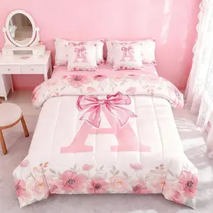 Initial Letter Beding Bed Set,Kids Girls Teen ,Pink Bow Tie Bowknot Bed Bagspring Fresh Style Comforter Bed Set with Sheets Soft Breathable Microfiber Bed Set