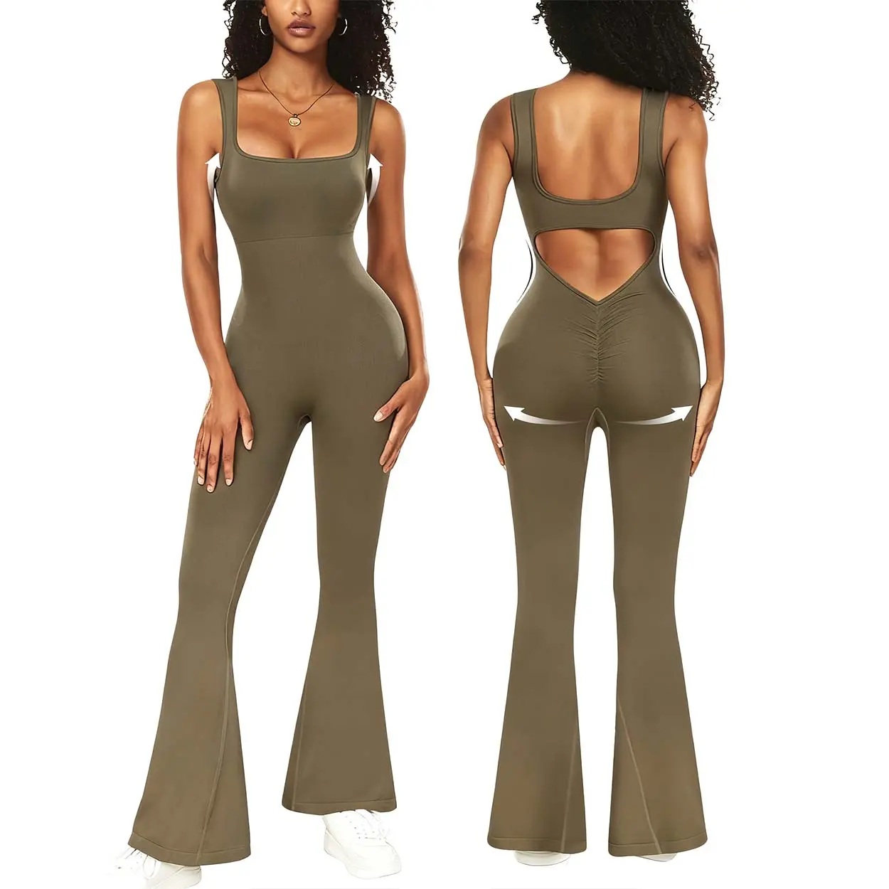 Women's Bodycon Flare Jumpsuit, Seamless Sleeveless Open Back Design with Scrunch Butt for Workout & Yoga, Open Back Jumpsuit, Exercise Rompers, Jumpsuits For Women