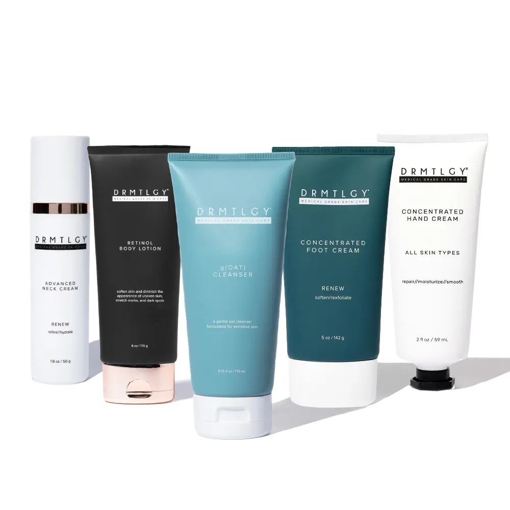 DRMTLGY Head to Toe Collection - 5-Piece Set for Visible Aging Dryness & Uneven Texture. Includes Retinol Body Lotion, Advanced Neck Cream, Concentrated Hand Cream, Foot Cream, & g(OAT) Cleanser - Hydrating & Moisturizing Kit
