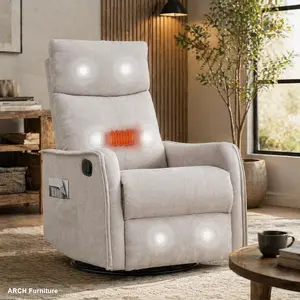 Manual Rocking Recliner Chair - ARCH Fabric Heat Massage Recliner with Square Arms, Swivel Function, Easy Assembly, Metal Frame, Beige Living Room Chair, Reclinerchair