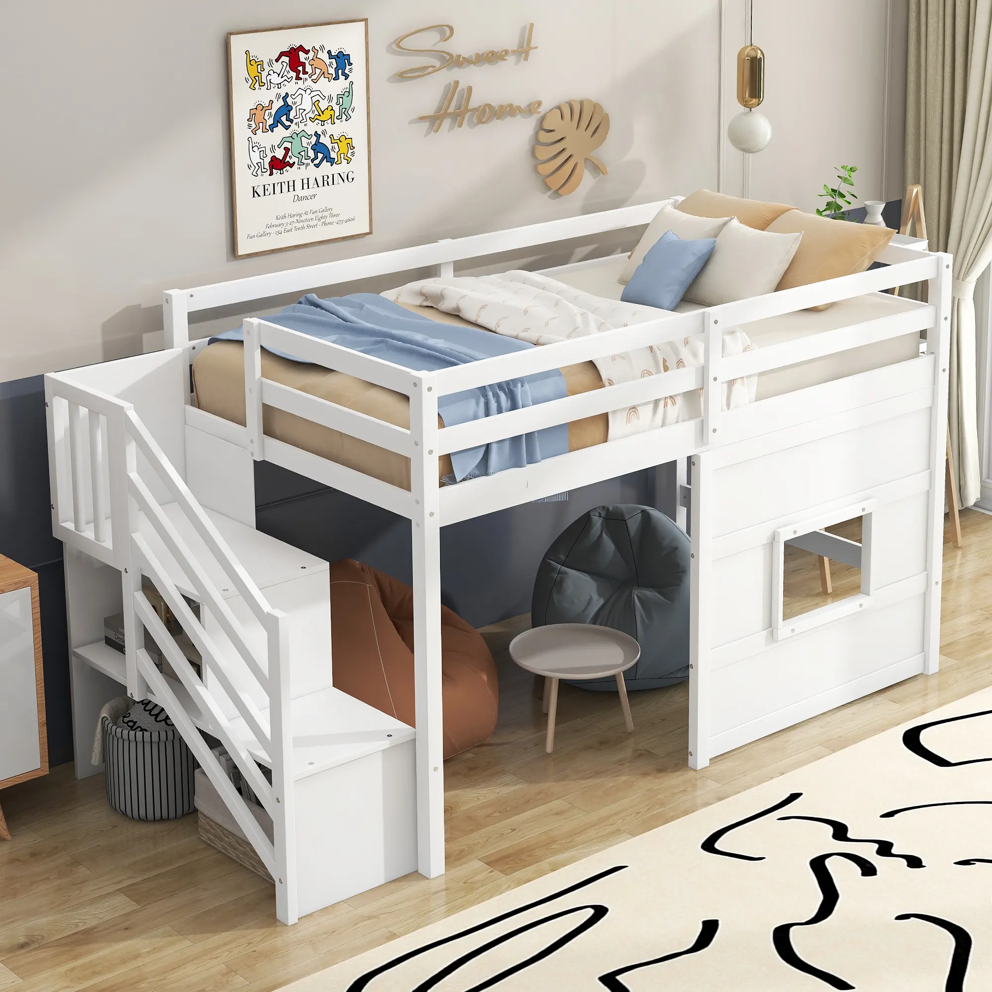 Bellemave Sturdy Twin Size Pine Wood Frame Platform Bed - Natural Grain, Storage Staircase, Window LED Light, Full Rail Guard, No Box Spring Needed, Elevated, Requires Assembly, Apartment Furniture, Stable, Dorm