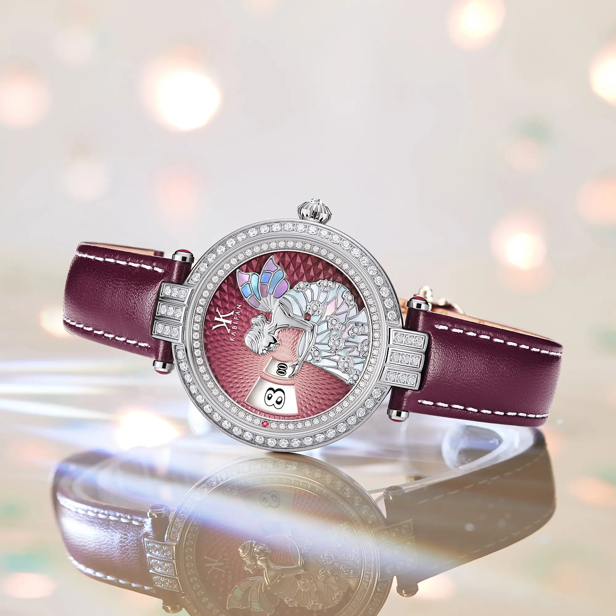 Women's Fashion 30mm Automatic Watch - Round Full Diamond Bezel Fairy Art Dial, Purple Leather Strap, Jump Hour Display, Diamond Accents, Luxury Dress Watch with Quartz Movement, Ladies Dress Watch