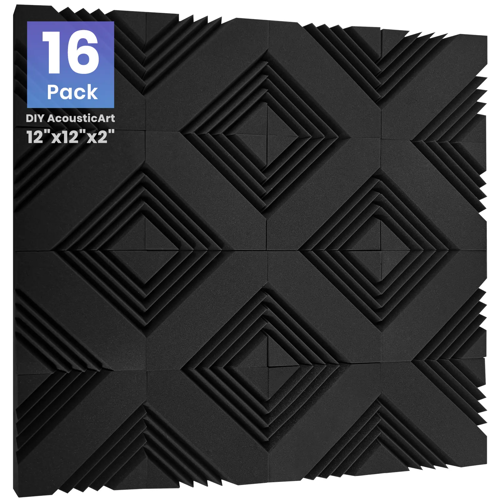 16 Pack DIY Creative Art Decor Acoustic Foam Panels 2" x 12" x 12" Sound Proof Foam Panels Soundproofing Noise Cancelling Wedge Panels with 90PCS Reusable Double-Side Adhesive Dots