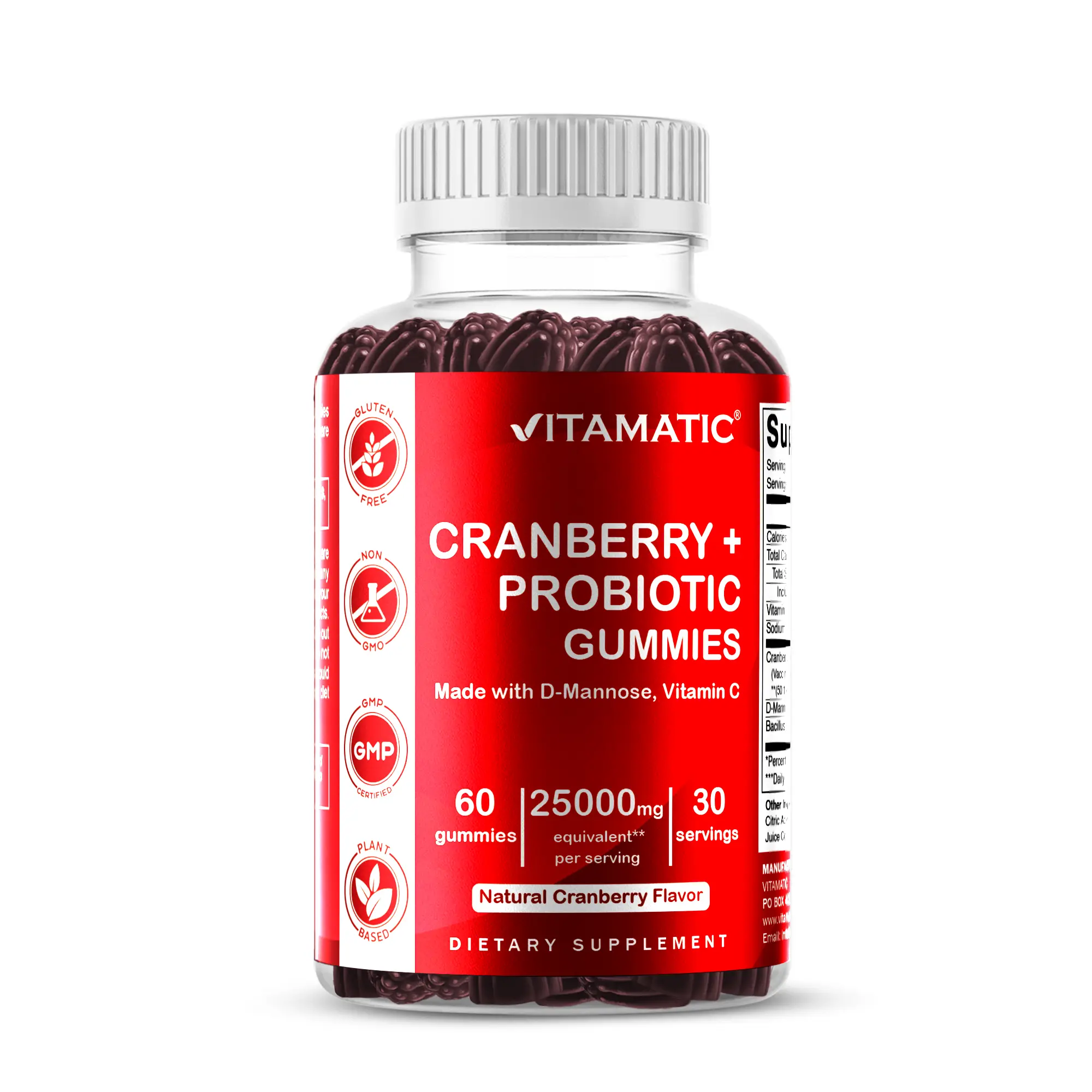 Vitamatic Edible D-Mannose for UTI Gummy Vitamins - Cranberry Probiotics, Vitamin C for Women's Urinary Health - 60 Count, Non-GMO, Gluten-Free Dietary Supplement
