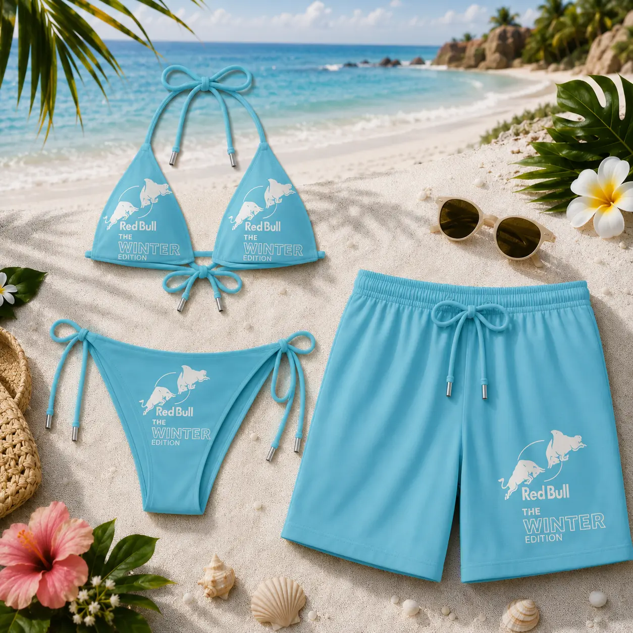 Blue Bikini Set & Men Shorts Beachwear, Red Bull Inspired Purple Edition Swimwear Outfit, Summer 2026 Trend, TikTok Shop Viral