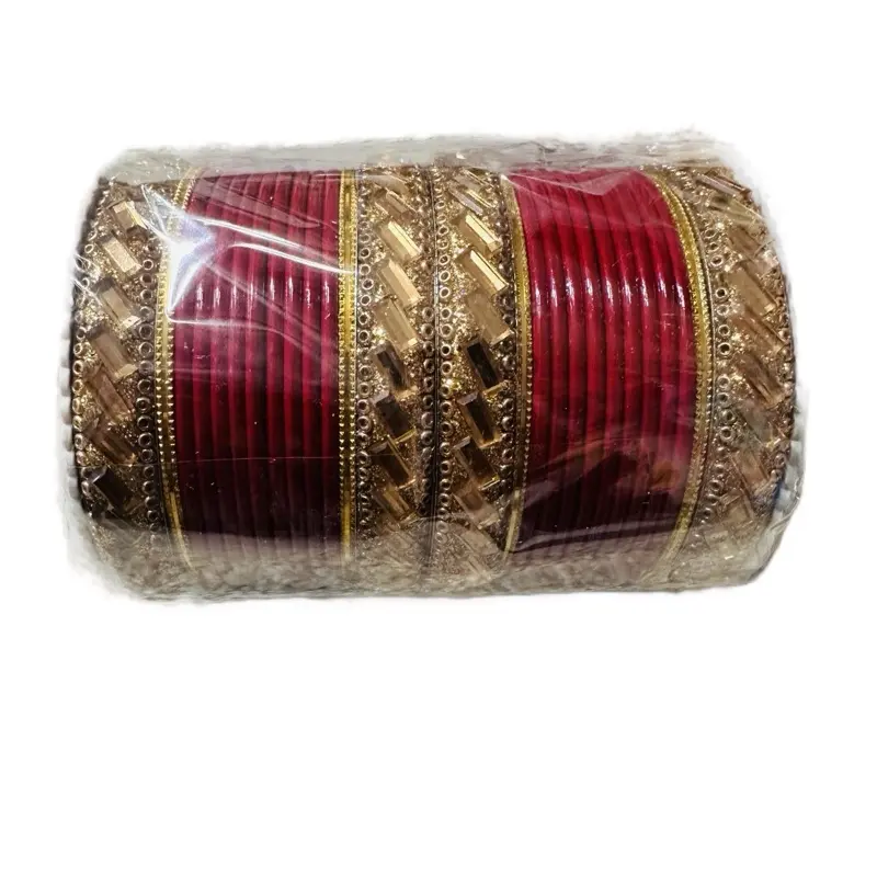Red Bangles with Golden Kada - Traditional Design Bracelet