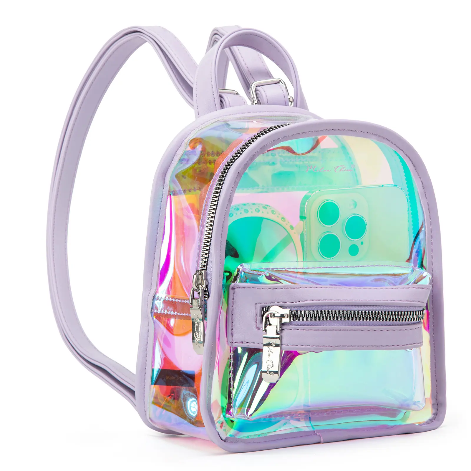 Milan Chiva Holographic Iridescent Mini Clear Backpack, Stadium-Approved Transparent PVC Women's Crossbody/Shoulder Bag, Compact, Stylish, Lightweight, Versatile Luggage, Crossbody Bags For Women