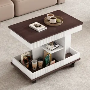 Adjustable End Table with Wheels Modern Multifunctional Sofa Side Table with Lift-Top 360°Rotating Top and Storage Space for Living Room Black White MDF Material