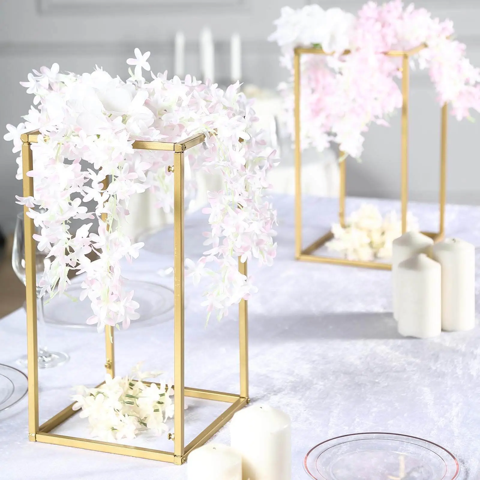 2-Pack Gold Metal Geometric Column Wedding Flower Stand, Sturdy Versatile Rectangular Pedestal with 8.5" Square Base, Bolt-Enhanced Lightweight Holder for Geometric Modern Look Floral Centerpiece Centrepieces (16")