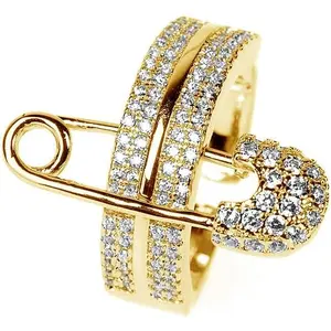 Wide Flat CZ Safety Pin Chunky Open Rings Fashion  Cubic Zirconia Paved Expandable Engagement Promise Statement Band Rings Opening Rings for Women Birthday Party 17mm