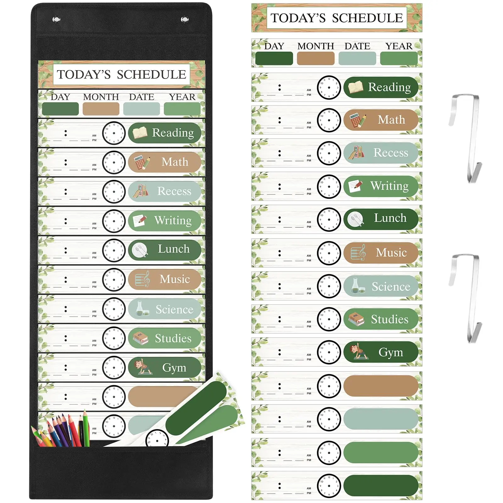 Back to School Reusable Daily Schedule Pocket Chart for Classroom Organization 13-16 Pocket Visual Scheduling Chart with Double-Sided Cards & Hooks Set, Classroom Set Up Homeschool Decor Pocket Chart for Kindergarten Primary Teacher Homeschool Mom