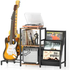 Record Player Stand, Guitar Stand for Acoustic, Electric Guitar, Bass with Amp Stand, 3-Tier Vinyl Record Storage Up to 200 Albums, Record Player Table for Record Player, Speaker, Amplifier (3 guitar stand, Brown)